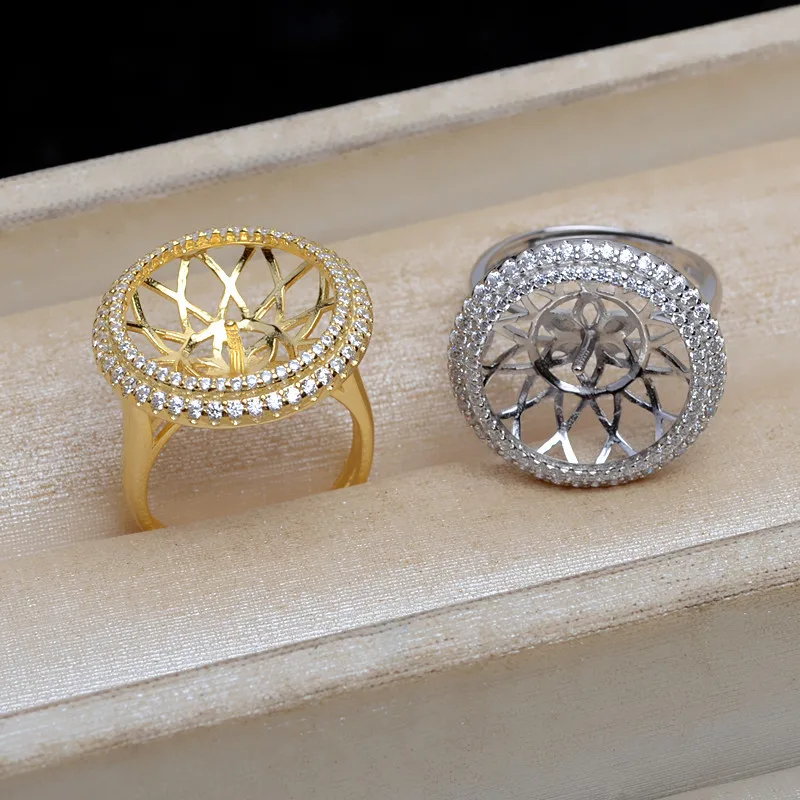 S925 Silver Adjustable Finger Ring Mountings Base Setting Findings Jewelry Mount Accessories for 15-16mm Pearls 3pcs/lot