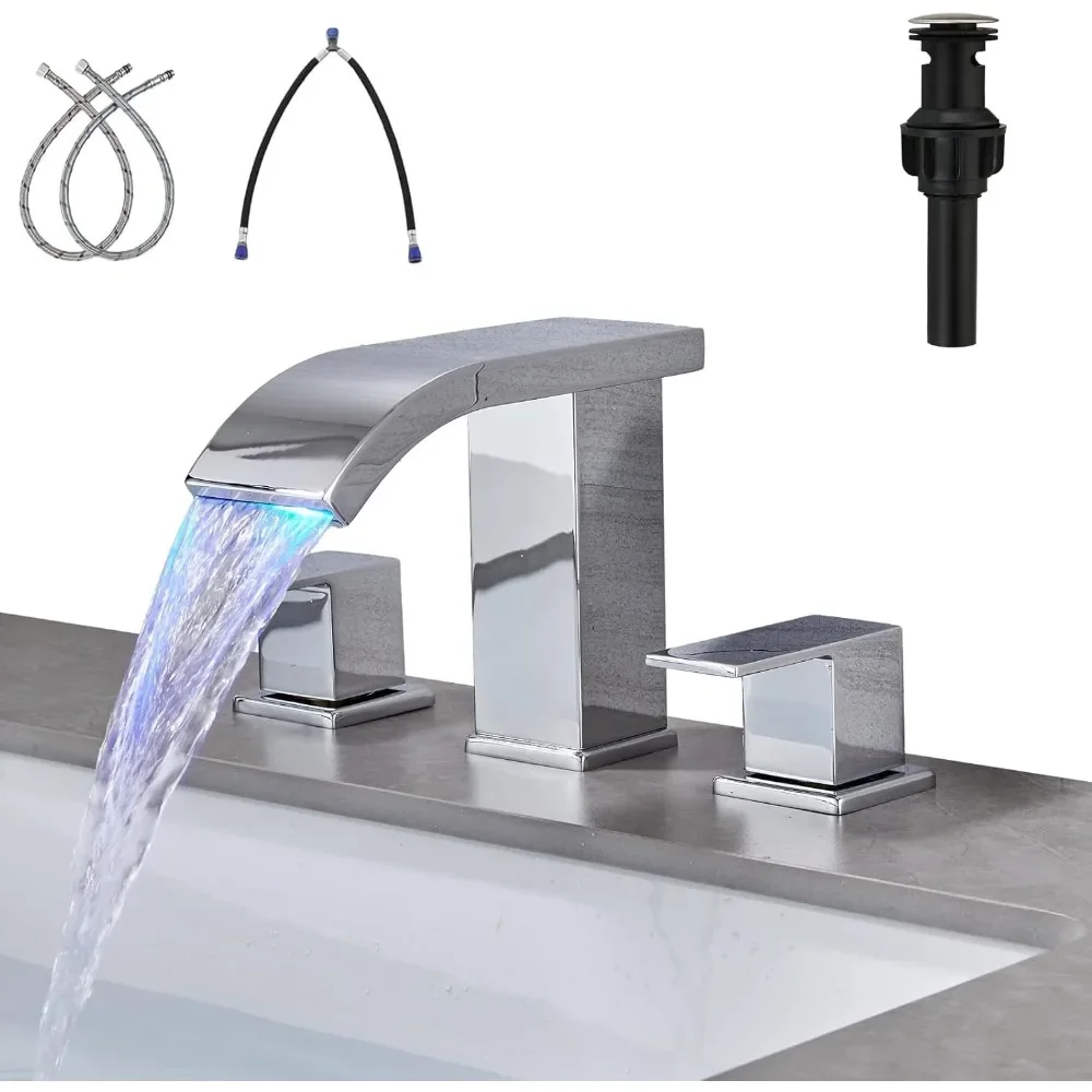 

LED Waterfall 3-Hole Widespread Bathroom Faucet, 2-Handle with Pop-Up Drain & Stopper (Washbasin)