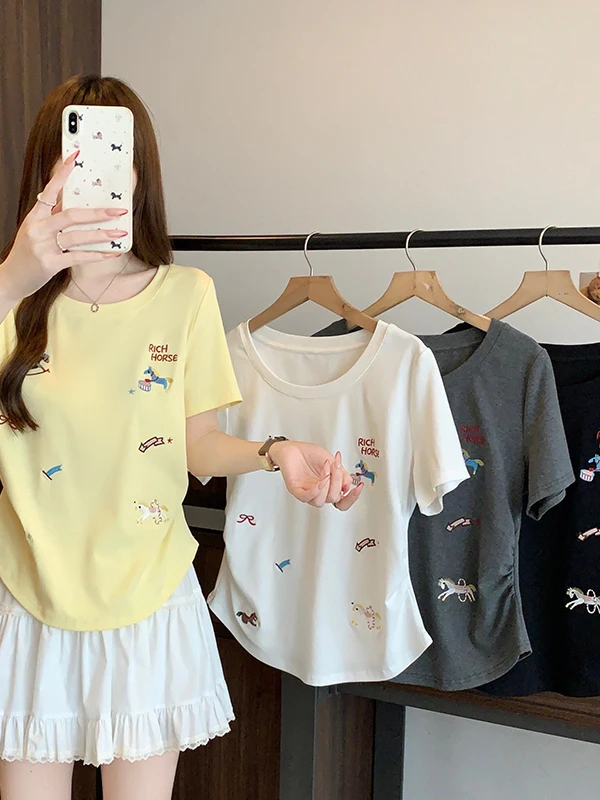 

plus Size Women's Embroidered Short Sleeve round Neck T-Shirt Summer Loose Slimming Versatile Cartoon Printed Comfortable Top