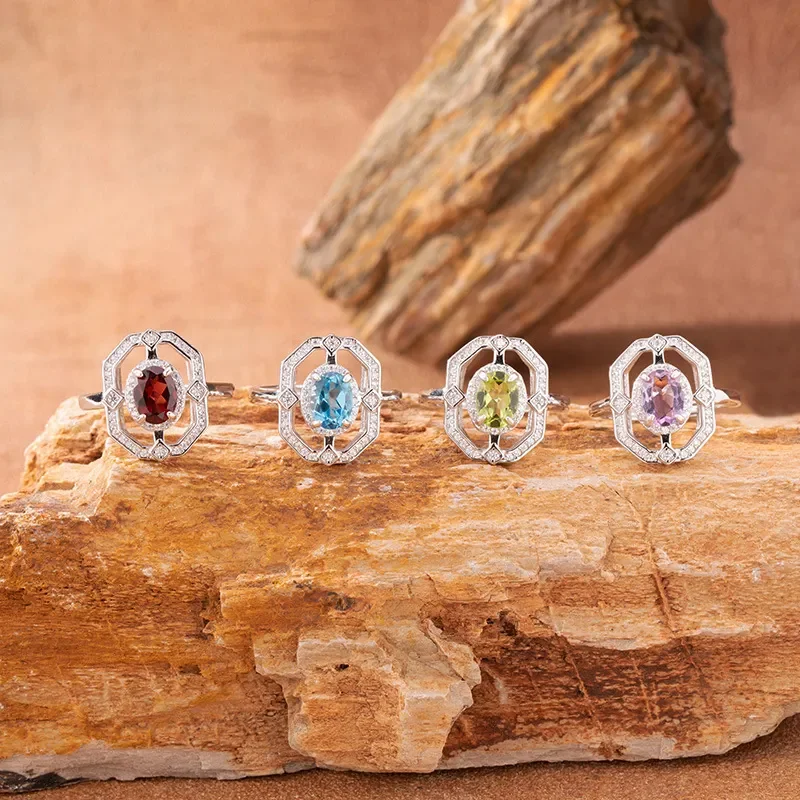 Natural sapphire topaz peridot aquamarine colored treasure ring women's set s925 silver European and American cross-border