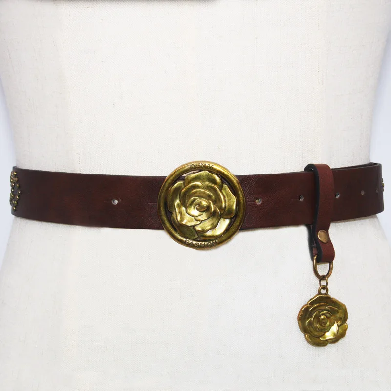 Retro Rose Fashion Belt for Women with Dresses Jeans Delicate Accessories PU Leather Metal Pin Buckle High Quality Belts