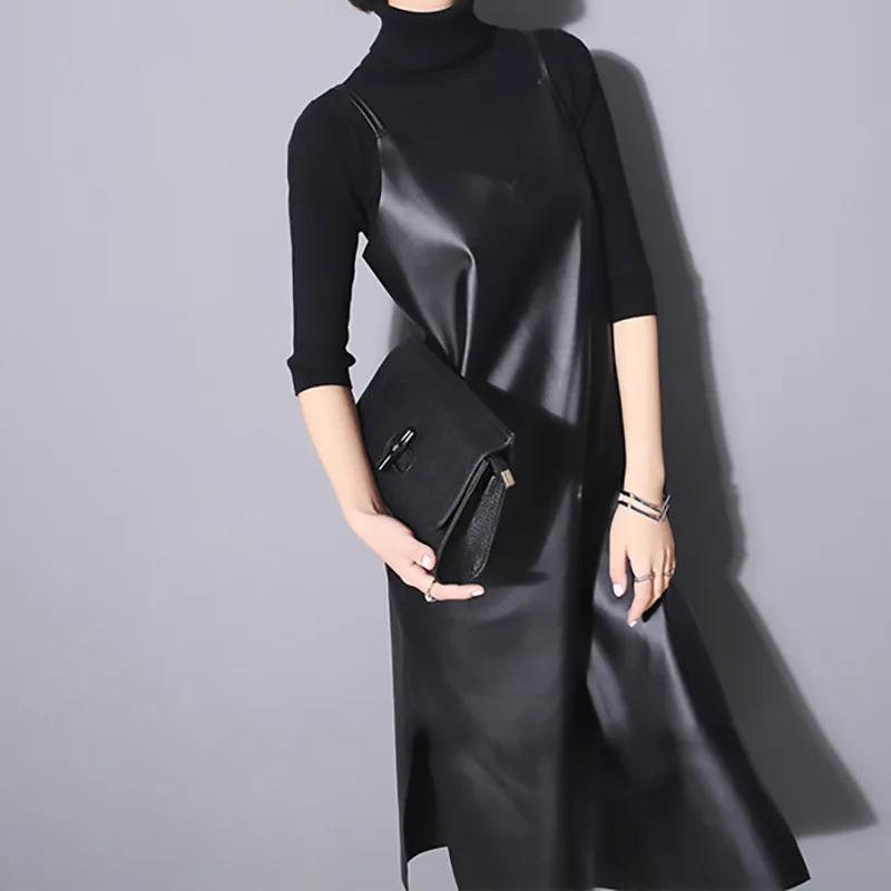 Sleeveless suspender PU dress ladies spring 2023 new loose a line slit black long dress