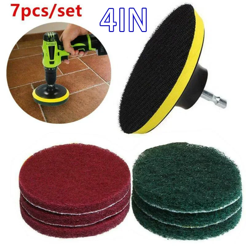 7Pcs 4 Inch Drill Power Brush Tile Scrubber Scouring Pad Cleaning Kit With 4 Inch Disc Pad Holder Bathroom Tile Cleaning Kit