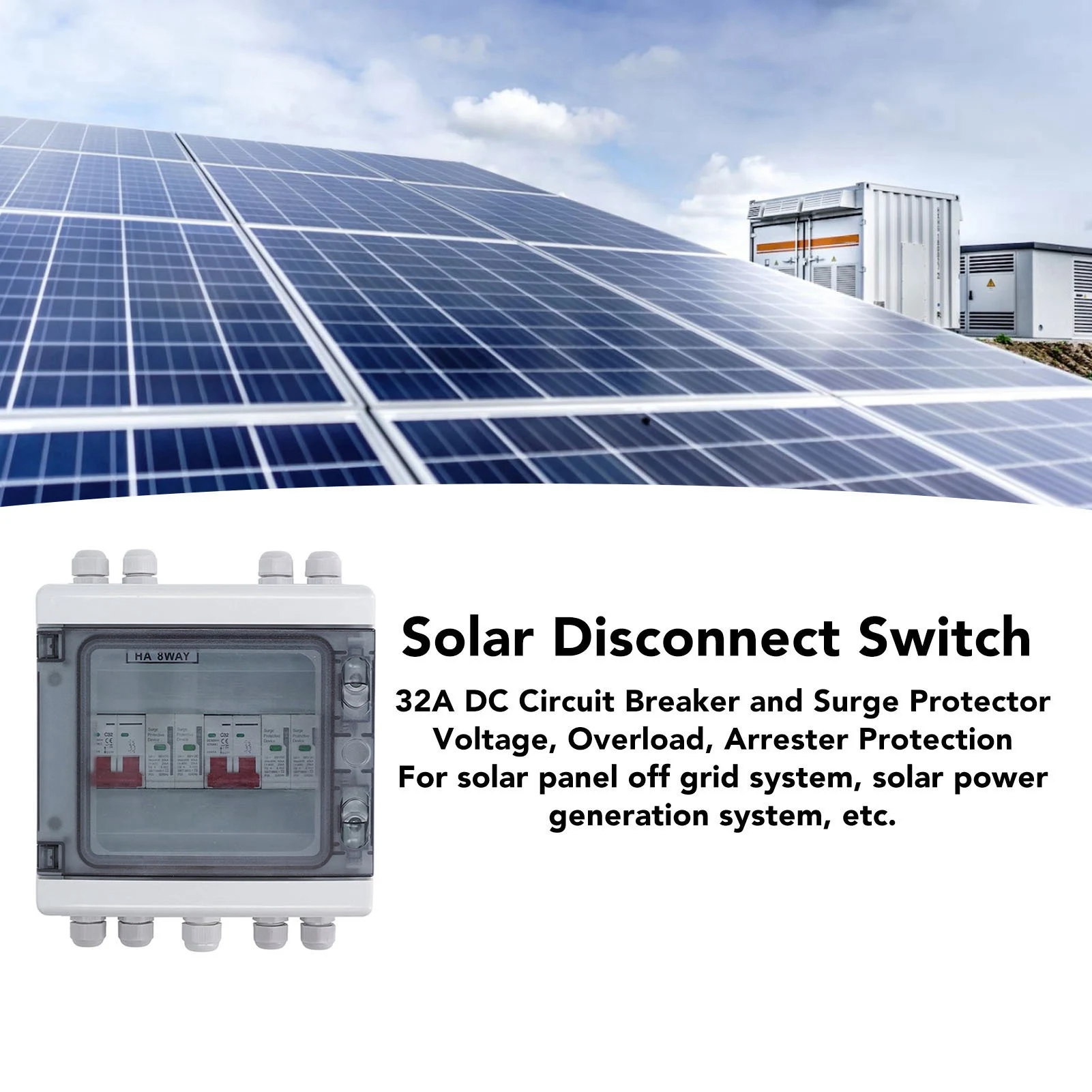 DC500V Solar Disconnect Switch 2 in 2 Out Surge Protection PV Combiner Box IP65 Water Resistant 32A 20‑40KA