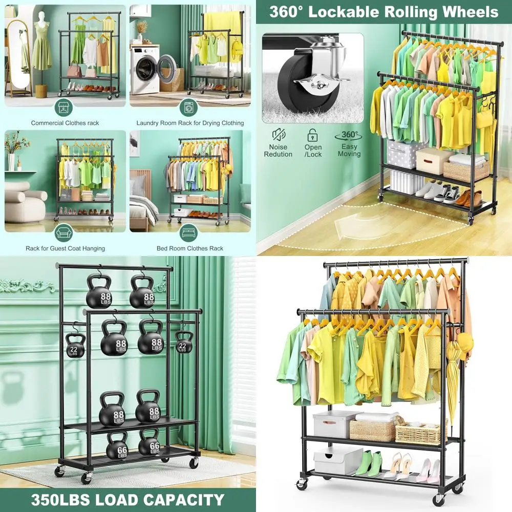 

Усиленная двухъярусная вешалка для одежды с нижними полками для спальни, прачечной и гостиной