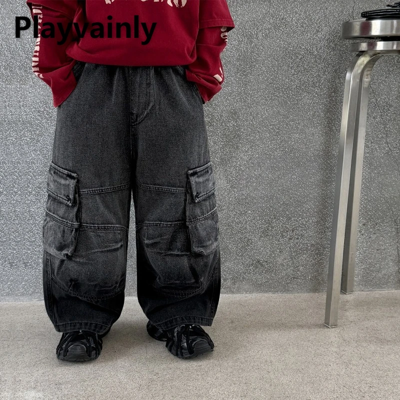 

2025 New Spring Autumn Boy Retro Trendy Cargo Pants Big Pocket Design Loose Wide Leg Pants Children Black Denim Trousers A5012