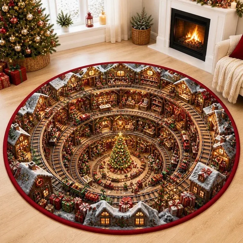 Santa Deer Round Rug vintage portrait santa claus reindeer snowing pine poinsettia art 80x80cm - view 4