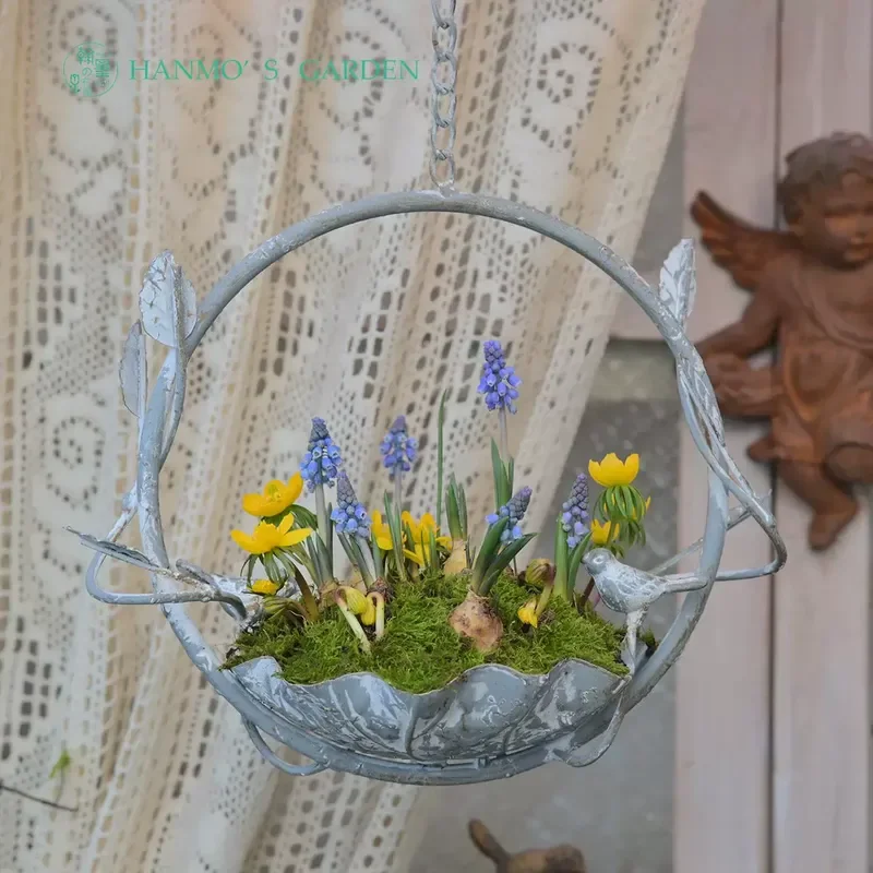 Hanmo's Garden Wrought Iron Hanging Double Bird Vine Pot for Gardening Supplies Seed Bulb Planting Grocery Garden Decor