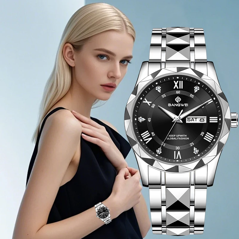 BANGWEI Elegant Quartz Watches for Woman Luxury Fashion Classic Clock Simple Stainless Date Week Waterproof Diamond Ladies Watch