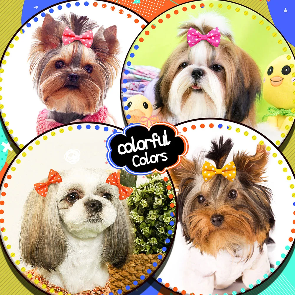 5PCS Pet Hair Clip Solid Color Polka Dot Dog Hair Decorated With Bow Hair Clip Wholesale Bulk Handmade Pet Beauty Products