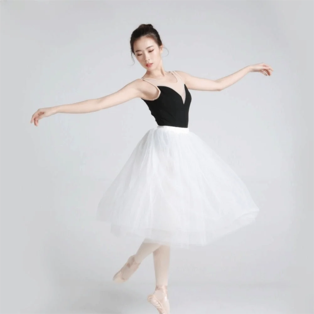 Classical White Ballet Tutu Four Layer Elastic Waist Tulle Skirt Long Length Tulle Lyrical Skirt Women