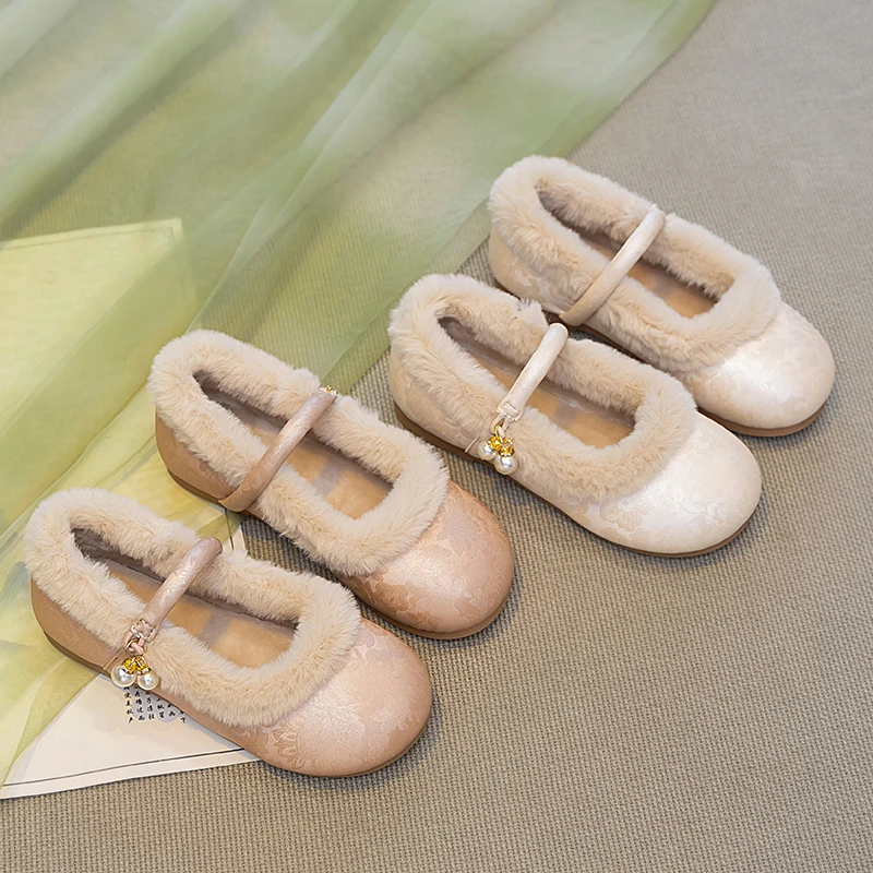 Little Girls Furry Hairy Leather Shoes 2026 New Winter Kids Warm-lined Mary Jane Flats Non-slip Trendy Princess School Party