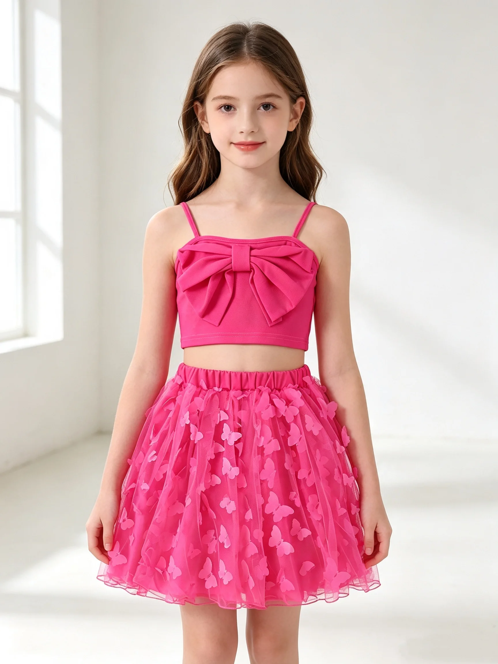 Two Piece Summer Girls' Solid Color Big Bow Suspender Short Top With Three-Dimensional Butterfly Mesh A-Line Skirt Elegant Set