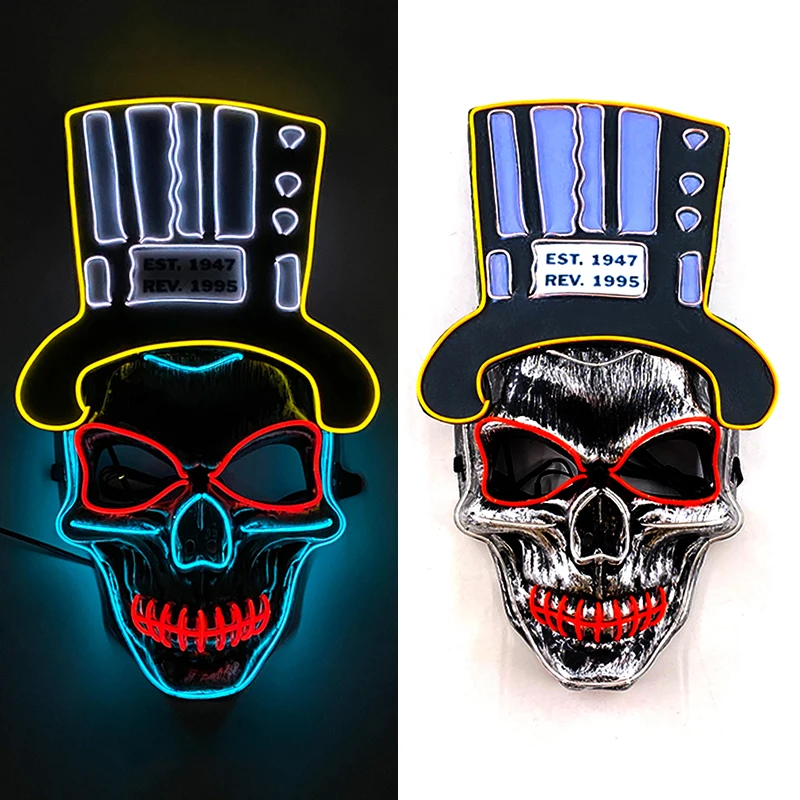 Halloween incandescente maschera spaventosa LED Neon Skull Mask con cappello Light Up Horror ghost house Mask mago teschio terrore carnevale puntelli