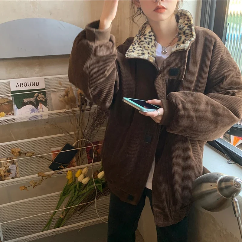 Cool Girl Coat New Winter Leopard Print Stitching Women's Coat Corduroy Warmth Loose Casual Women's Coat Elegant Tops Streetwear