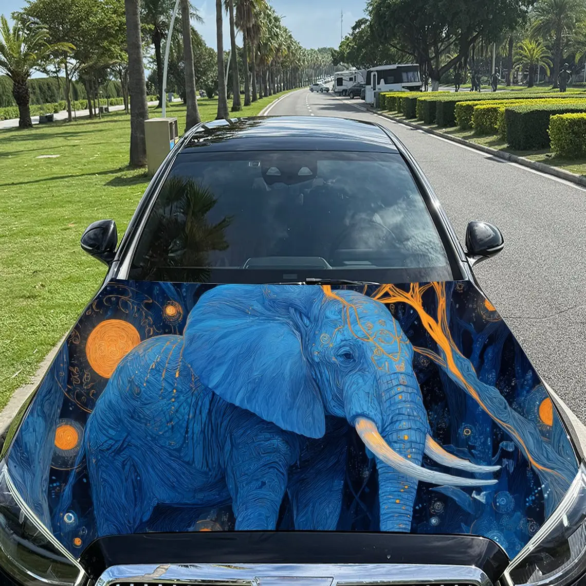 

Enchanting Elephant with Cosmic Elements PVC Car Engine Hood Vinyl Wraps, Self-Adhesive Waterproof Car Hood Decal Sticker, Car D