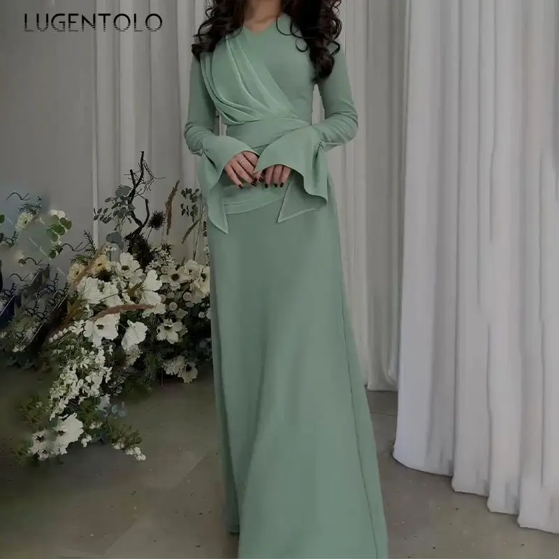 Women Elegant Dress Long Sleeve Slim Bandage Party V-neck Lady Temperament Banquet Casual Intellectual High Street Cloth
