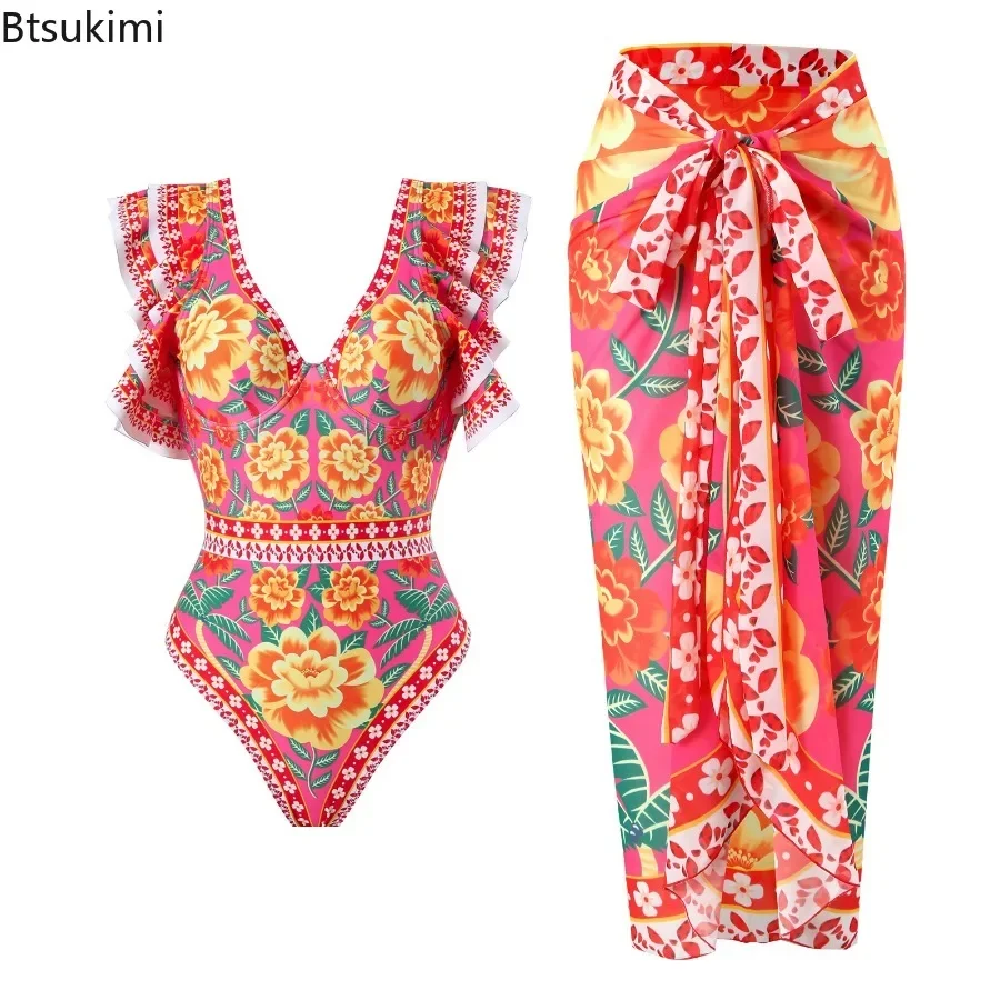 2024 costumi da bagno Vintage con volant stampa di moda costumi da bagno interi set Bikini e gonna costume da bagno Sexy body Bikini da donna