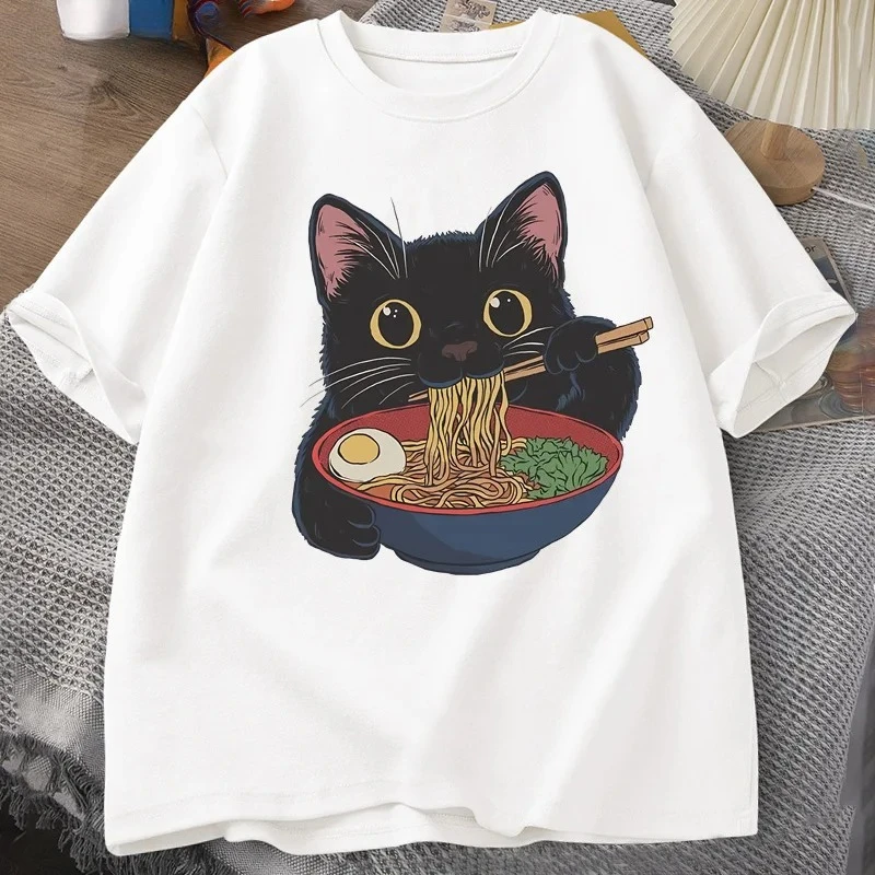 Camiseta japonesa con diseño de gato Ramen: camiseta de manga corta con dibujos animados, exclusivamente para amantes de los gatos |   Camisetas Gráficas Casuales para Mujer, Estilo Y2K