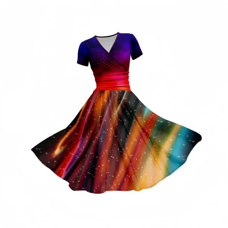 Spring Gorgeous Rainbow Colorful Print dress Waist Long Dress Women's Dance Party Club Dresses Short Sleeve For Sweet Girls