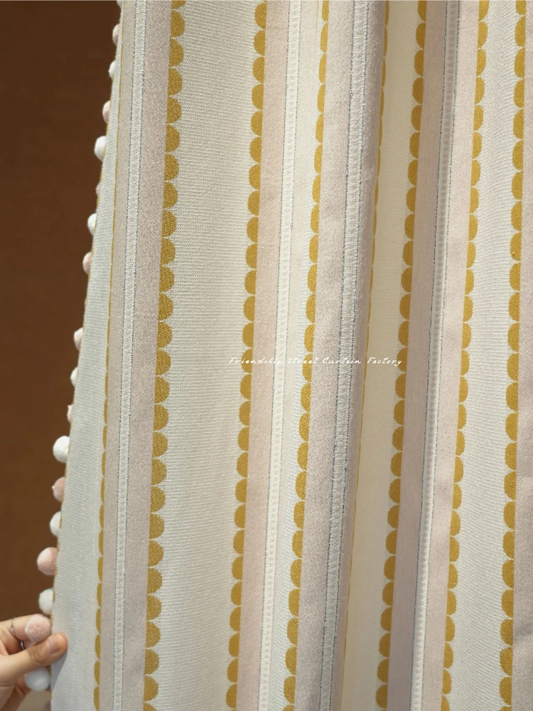 New Cream Ginger Scallop Striped Jacquard Chenille Curtains for Living Room Bedroom Partition Curtain Customization
