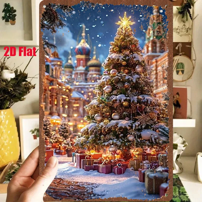 2D Flat - 1pc 2D[Flat] Metal Sign Retro Tin Painting 8X12 Inches/20X30 Cm, Depicting a Beautifully Decorated Christmas Tree And
