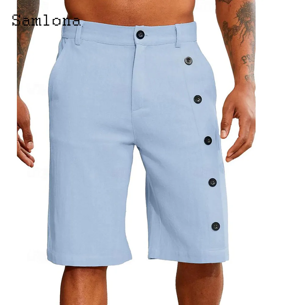 Plus Size Mens Vintage Stand Pocket Cotton Linen Shorts Male Casual Beach Half Pants Solid White Khaki Multi-buttons Shorts New