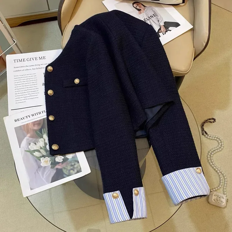 Korean navy small fragrance suit jacket women's autumn and winter new fashion temperament stitching design casual Joker top.