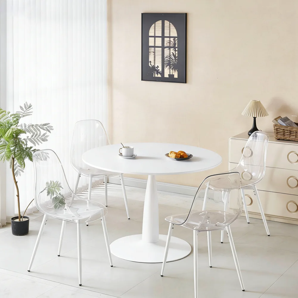 

5-Piece (1+4) Mid-Century Dining Set: Metal Leg Pedestal Table with MDF Top, For 4-6 People