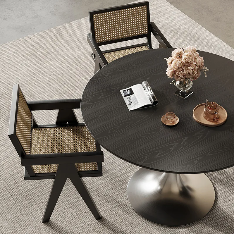 Medieval solid wood round table, dining table, chair set, household dining table, stainless steel round