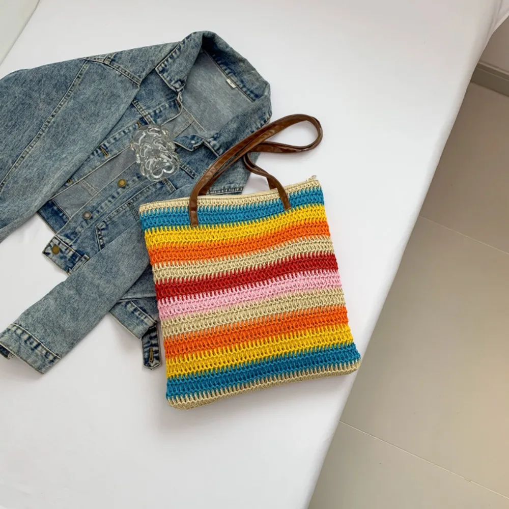 Colorful Horizontal Stripe Straw Woven Bag Commuting Bag Large Capacity Underarm Bag Tote Bag Casual Handbag Messenger Bag