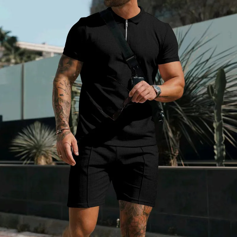 

Summer New Men's Suit Fashion Printing Lapel Zipper 2 Piece Set Short-sleeved T-shirt and Shorts Sportswear Beach Suit