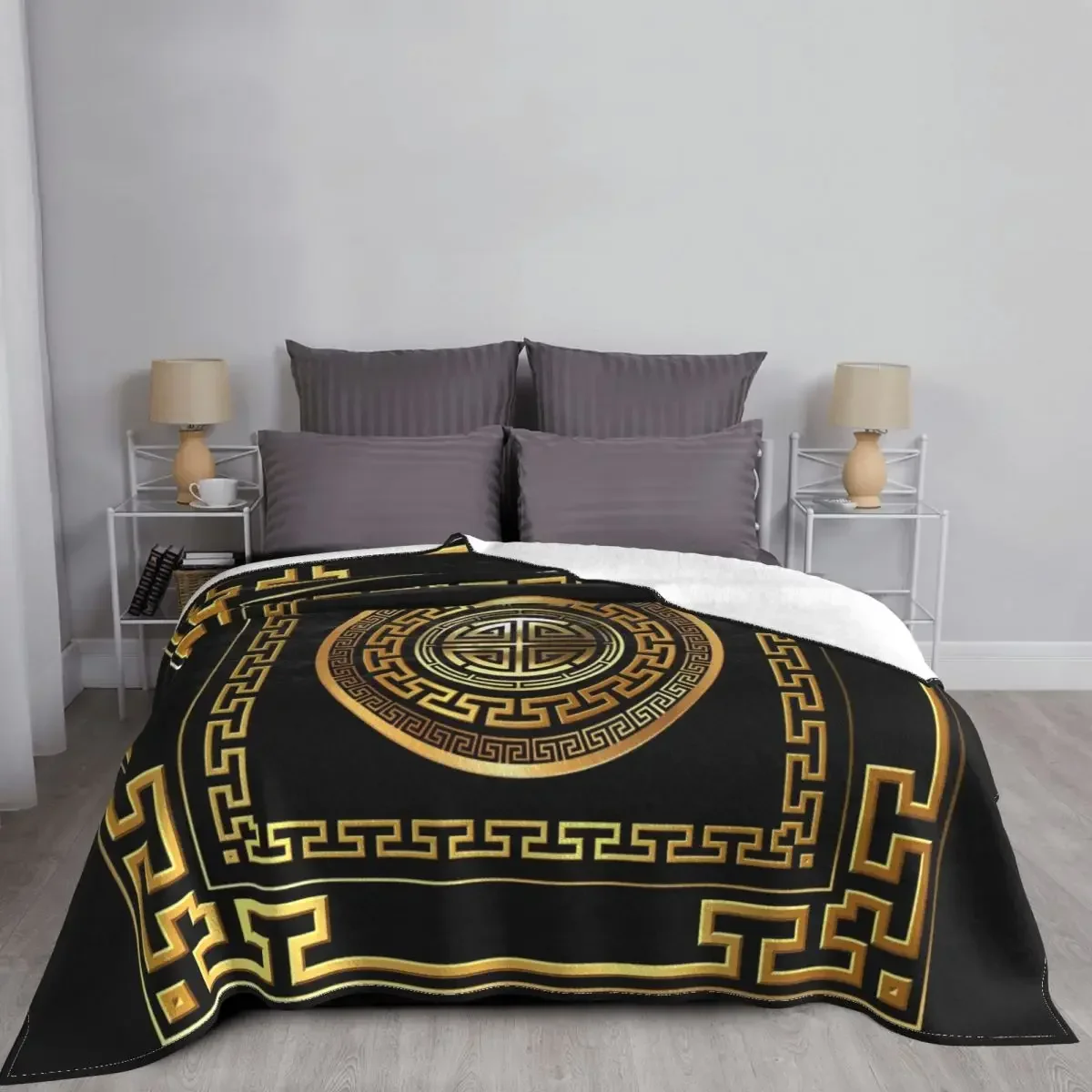 Greek Key Meander Black Gold Large Blankets Velvet Spring/Autumn Portable Super Soft Throw Blanket for Sofa Car Bedspread