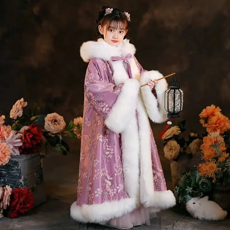 Luxury Kids Hanfu Cloak With Sleeve Winter Thick Vintage Warm Chic Embroidery Hooded Cape Coat Ancient Girl Children Overcoat
