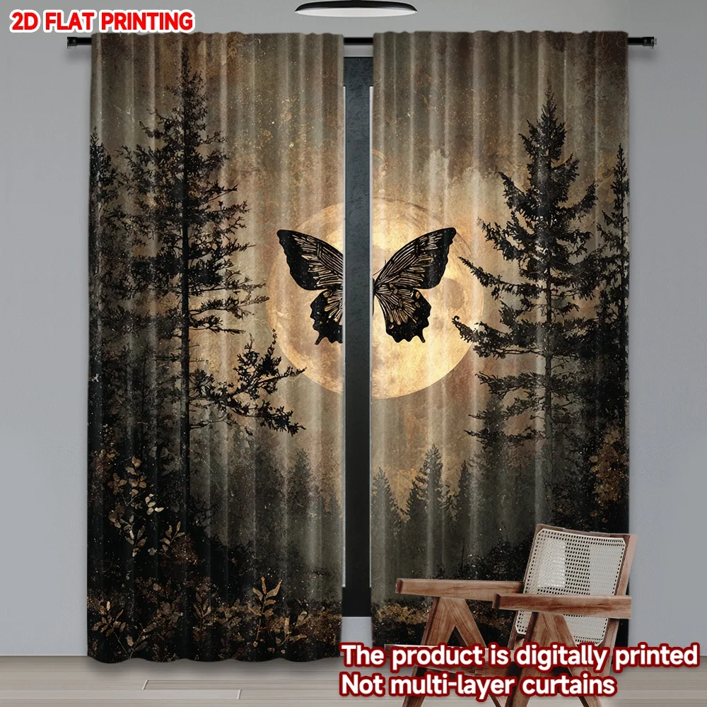 

2D flat printing 2pcs Curtains Halloween Night Butterfly Scene Digital Printed Polyester Drapes Family Party Decoration Use for