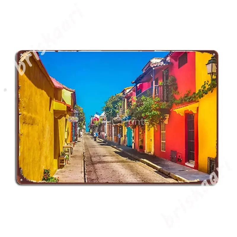 Traditional Street In Cartagena De Indias, Colombia Metal Signs Wall Mural Club Bar Printing Plaques Tin sign Posters