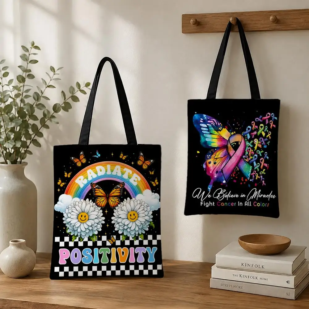 Colorful Cancer Awareness Storage Bags Aesthetic Reusable Canvas Tote Bag Shoulder Bag for School Work Travel