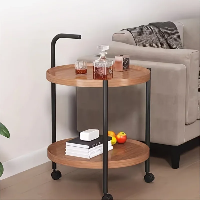 Bedside Wood Table Small Coffee Versatile Double Layer Wheels Space Saving 2-Tier Nightstand Storage Organizer Living Bedroom