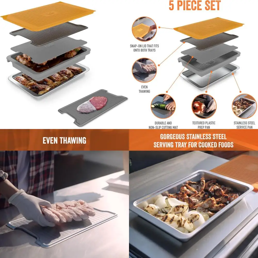 

Premium Plastic Food Storage Container Set with Stainless Steel Serving Tray and Aluminum Defrosting Tray