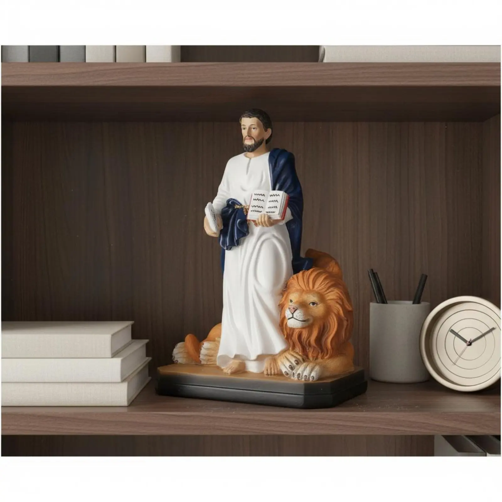 Saint Mark with Feathered Lion Figurine Classical Design Christian Saint Figure Venerable Man and Lion Decorative Piece
