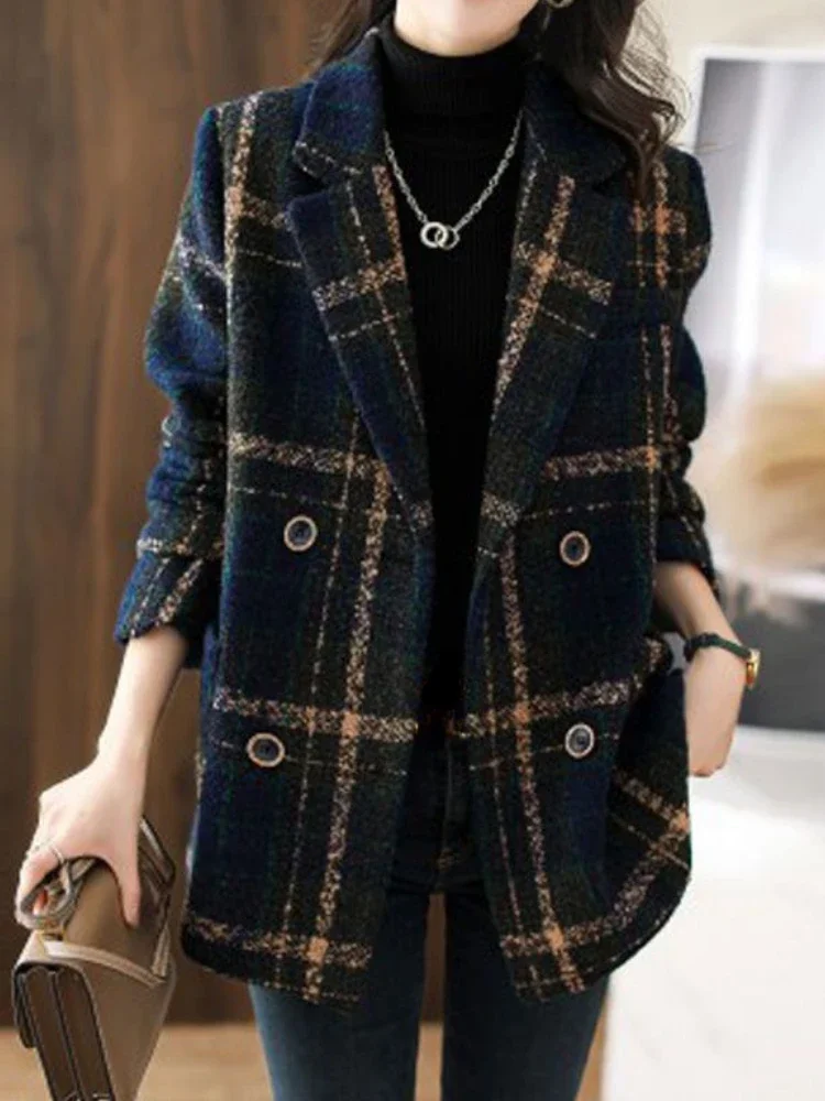 Retro Winter Coat for Women Turn-down Collar Double Breasted Fashion Jackets for Women Check Stitching Versatile Woolen Coat