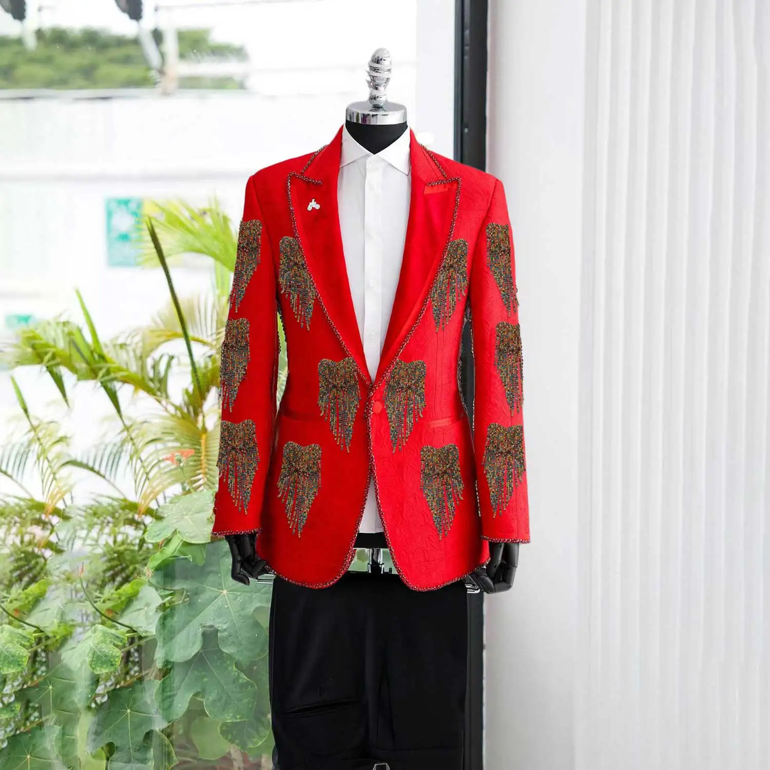 ファッション結婚式の男性スーツクリスタルパーティースーツ 2 個コート黒パンツオーダーメイド新郎花婿の付添人フォーマルな機会サイズカスタマイズ