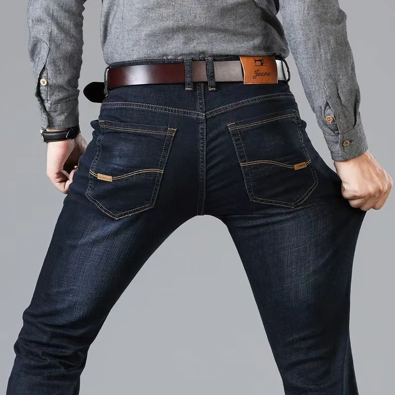 Autumn Classic Men's Fitted Stretch Jeans Business Casual Cotton Denim Straight Leg Pants Male Black Blue Trousers.