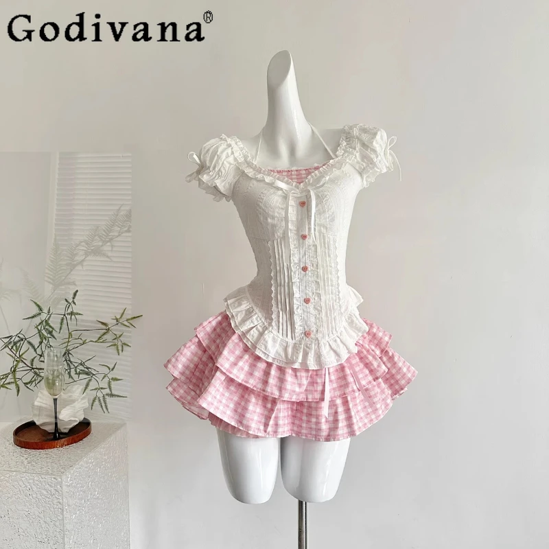 

Sweet Bowknot Skirt Outfits for Women Puff Sleeve White Top Plaid Puffy Cake Skirt Two Pieces Suit Girls Summer Lolita Pink Set