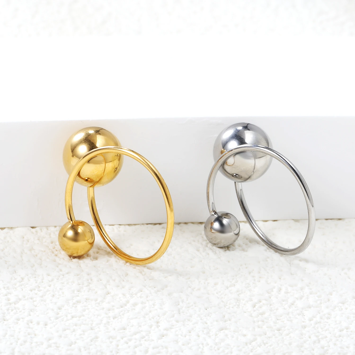 LUXUSTEEL Stainless Steel Open Cuff Rings For Women Golden Plated Round Ball Stone New Arrivals Ladies Fingers Rings Party
