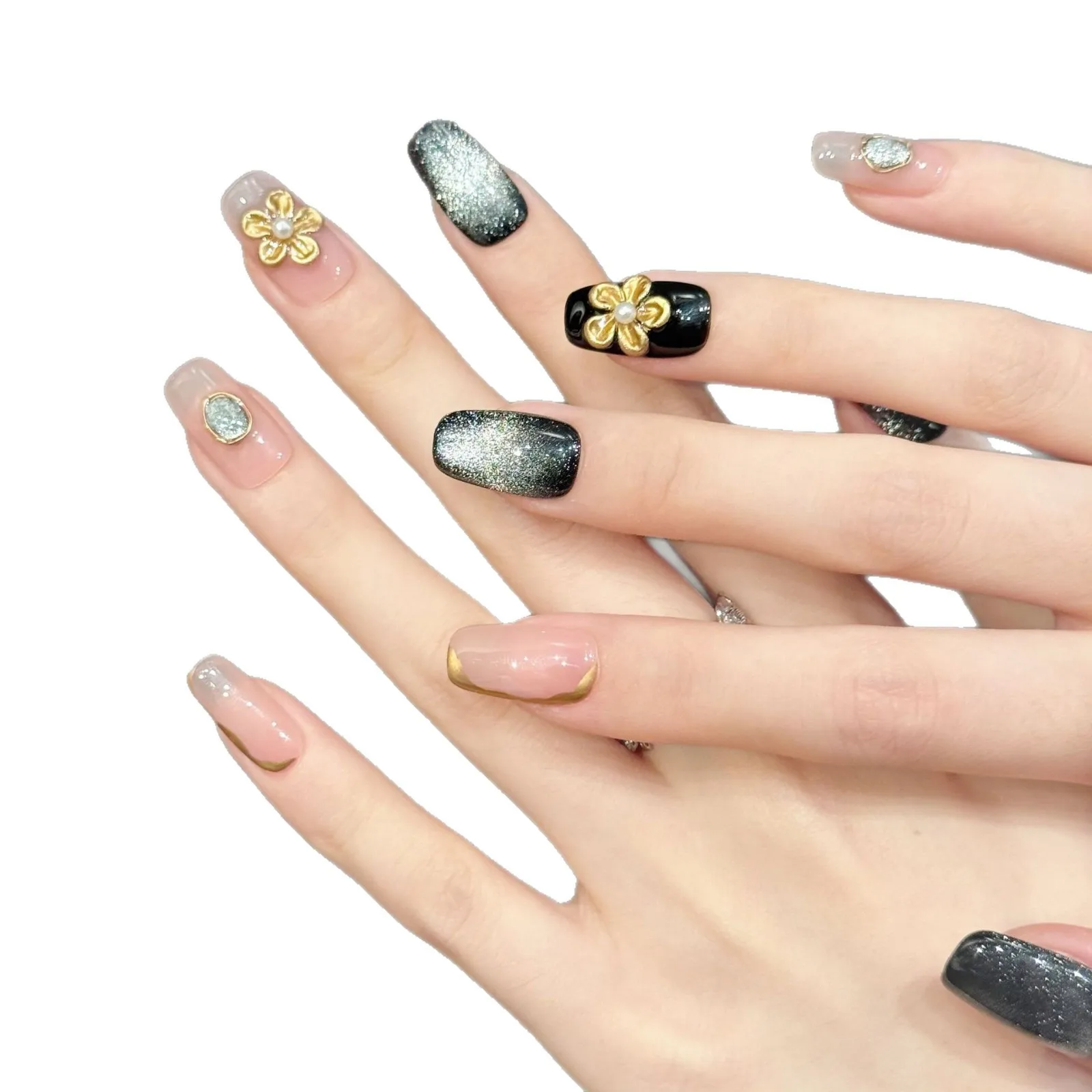 เล็บปลอมทำมือลายตาแมวสีดำเงา 10 ชิ้น ประดับดอกไม้ 3 มิติ สีทองสวยงาม แบบกดติดเต็มเล็บ สไตล์เรโทร