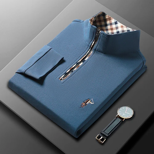 Camiseta de manga larga con cremallera bordada para hombre, camiseta informal con cuello levantado, ropa gruesa, superventas, otoño 2024