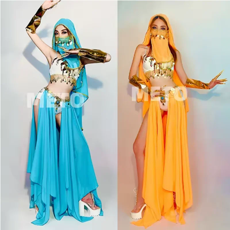 Blue Gogo Show Clothes Exotic Dance Performance Costume Sequin Egypt Bikini Drag Queen Outfit Orange Festival Rave Clothing  yk