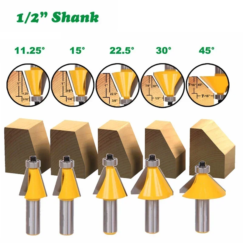 1PC 1/2" 12.7MM Shank Milling Cutter Wood Carving 11.25 15 22.5 30 45 Degree Chamfer Bevel Edging Router Bit Woodworking Cutting