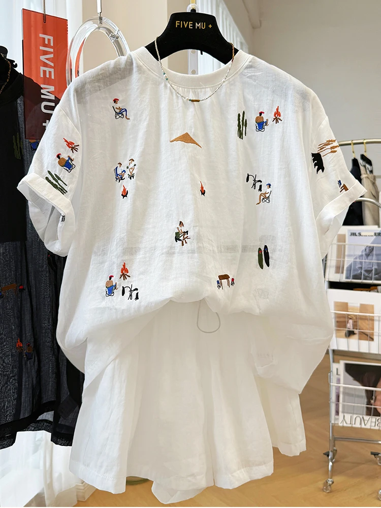 

Loose Fit Cotton Linen Embroidery Shirt And Shorts Women's Summer New Artistic Style Comfortable Casual Two Pieces Set N892